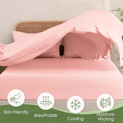 Image of MICORAL King Size Sheets Set, Rayon Derived from Bamboo Cooling Sheets for Hot Sleepers, Breathable & Soft, Deep Pocket Up to 16 Inches, Hotel Luxury Silky Bedding, Rose Pink