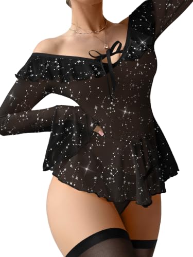 Image of Foxiny Sheer Ruffle Long Sleeve Babydoll Lingerie Dress | Off-shoulder neckline, flared cuffs and a flounce hem add movement; thong and thigh-high stockings complete the 3-piece set