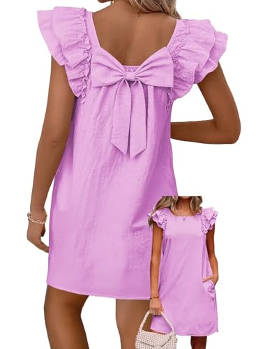 Image of Falechay Womens Summer Dresses Bow Tie Back Sundresses for Women Ruffle Short Sleeve Dress Casual Cute Sundress with Pockets