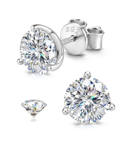 GEMQUEEN Moissanite Earrings Studs for Men Women - 18K White Gold Plated Solid 925 Sterling Silver Stud Earring Mens Moissanite Jewelry Hypoallergenic for Sensitive Earrings Brilliant Round Cut 2ct