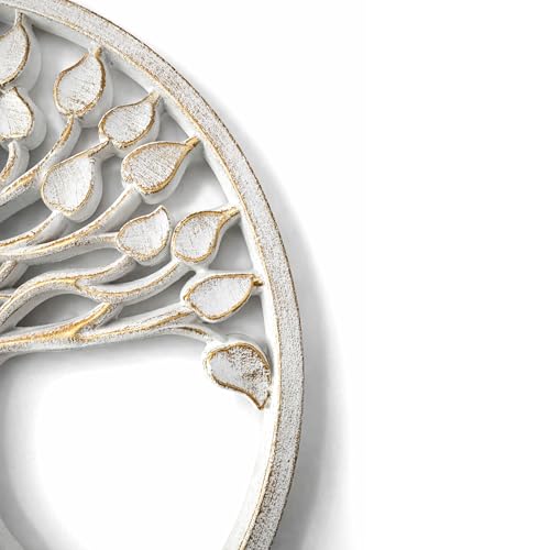 Image of Art Street Ganesha Wall Plaque with Tree of Life Design, MDF Round Plaque, White and Gold Decor, Laser-Cut Lord Ganesha Idol for Pooja Room, Living Room, or Office, Spiritual Home Decor, 40x40 cm