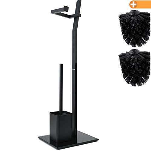 Juego de Inodoro - Negro -22x18x70cm Incl. Soporte para Papel higiénico y escobilla de baño - Acero Inoxidable - Base de Vidrio  Plus: 1+2 Cabezas de escobilla a Cambio!