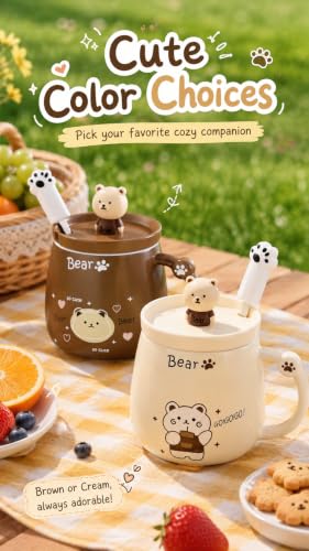 NQQNQQ Bear/Beige 400ML Ceramic Coffee Mug with Lid and Claw Spoon, Cute Bear-Themed Mug for Tea & Coffee for Holidays and Celebrations - image 2