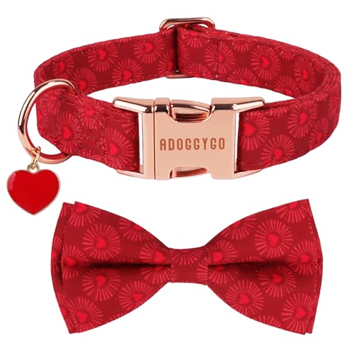 ADOGGYGO Valentine Dog Collars with Bow, Detachable Heart Sunburst Print Bowtie, Metal Buckle, Adjustable Valentine Collars for Small Dogs Boy Girl (Small)