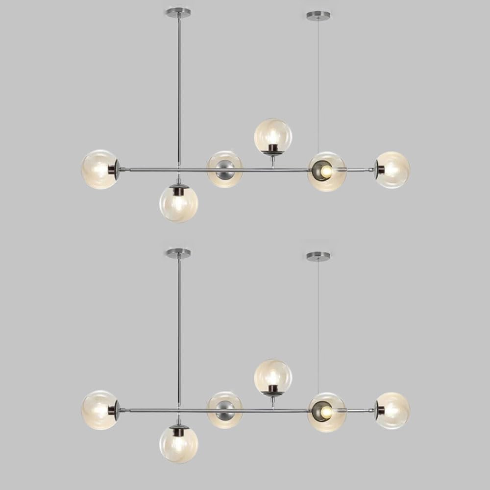 KXEcoLife Modern Glass Pendant Light Fixture, 6-Bulb Chandelier with Adjustable Globe Shades, E27 Socket, Nordic Style for Kitchen Island, Dining Room, Farmhouse Lighting