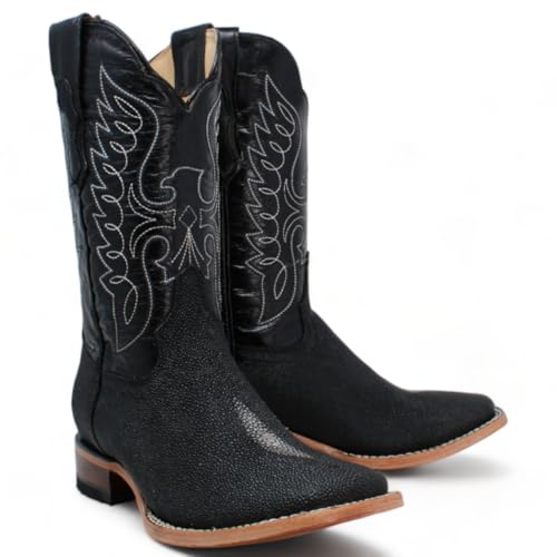 Men’s Genuine Leather Stingray Single Stone Print Square Toe Black Cowboy Western Boots2