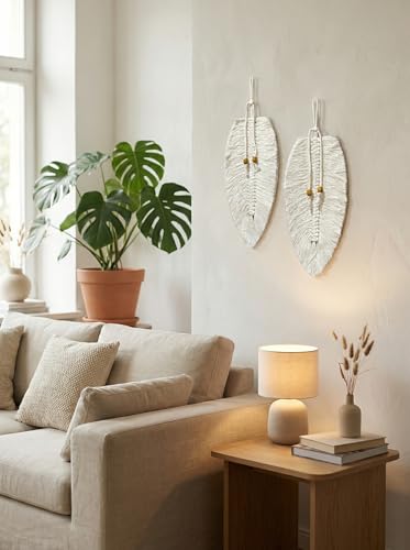Image of JH Gallery Macrame Leaf Wall Decor Hanging, Bohemian Cotton Rope Handmade Tapestry, Home Decor Tapestry for Bedroom, Living Room and Office (Pack of 2) (White)