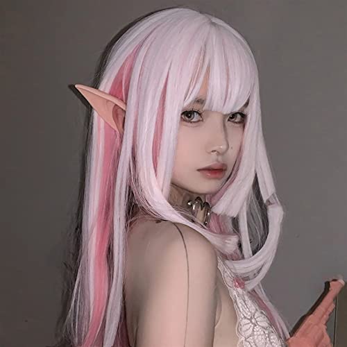 Perruque de cheveux longs et raides blanche rose synthétique avec frange