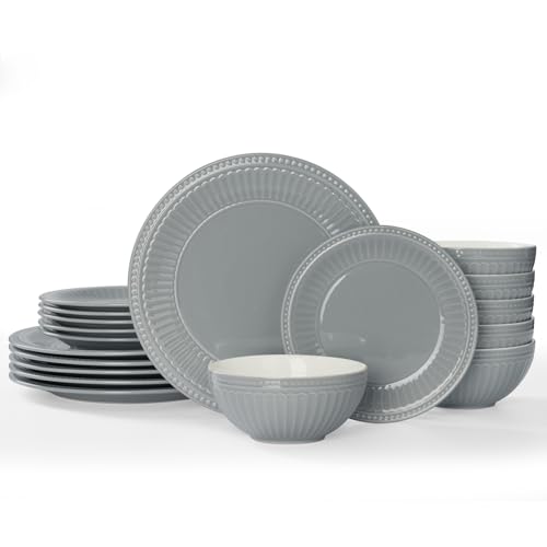 Image of Famiware Garden Plates and Bowls Set for 6, 18-Piece Kitchen Dishes Dinnerware Set - Microwave and Dishwasher Safe, Scratch Resistant, Reactive Glaze and Embossed Stoneware Tableware, Bluish Grey