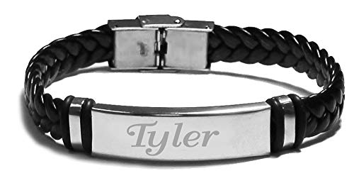 Zacria Name Bracelet Tyler - Personalised Mens Leather Braided Engraved Bracelet. Including Gift Box and Gift Bag. 2mm Thick Nameplate.