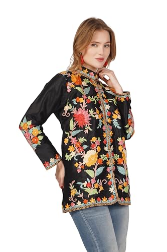 BATIN Short Kashmiri Embroidery Silk Jacket, Kashmiri Jacket for Women, Floral Embroidered Coat, Multicolour Short Coat4