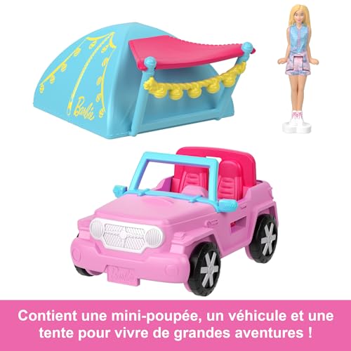 Barbie Coffret Véhicule Tout-Terrain Mini-BarbieLand Comprenant Une poupée de 3,8 cm, Un véhicule Tout-Terrain Qui Change de Couleur et Une Tente, HYF43