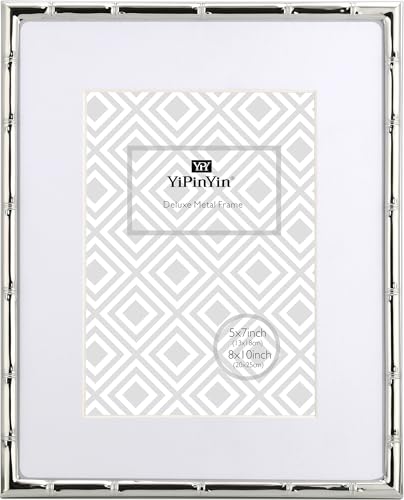 YiPinYin Classy 8x10'' Bamboo Detail Silver Metal Picture Frame with Mat for 5x7'',Narrow Silver...