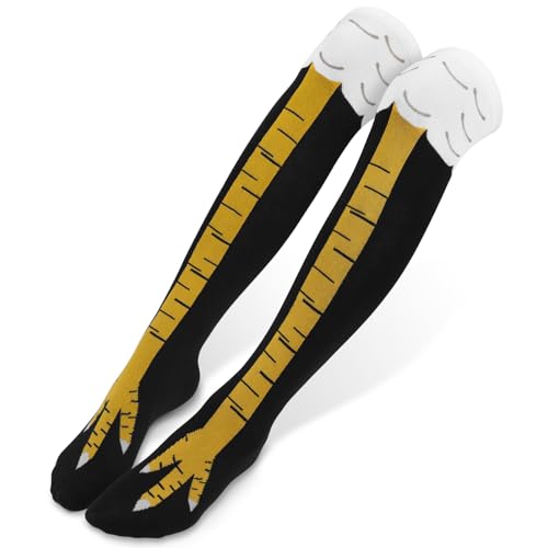 Alaoo Calcetines con Pies de Pollo,Divertidos Calcetines Patas de Pollo de Dibujos Animados en 3D,Medias Informales por Encima de La Rodilla,Unisex Talla Única (Negro + Amarillo)