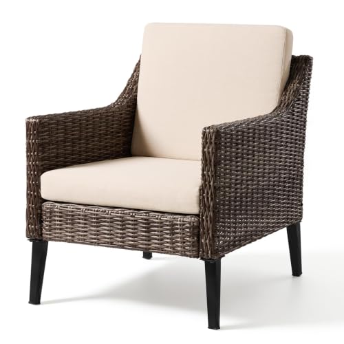 Varmoza Patio Wicker Chair, Outdoor Furniture Chair with Cushions, All Weather Rattan Dining Armchair with High Back & Deep Seating for Deck Porch Balcony Backyard Garden (1, Beige)