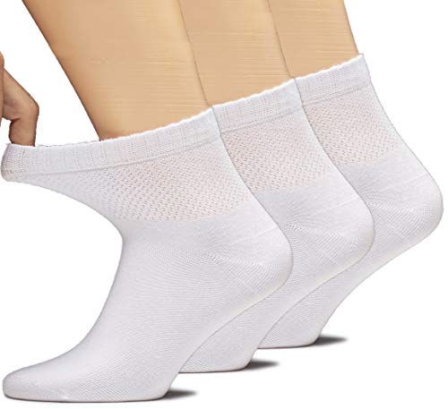 Hugh Ugoli Women's Bamboo Ankle Loose Fit Socks, Soft, Seamless Toe, Wide Stretchy, Non-Binding Top, 3 Pairs, White, Shoe Size: 6-9