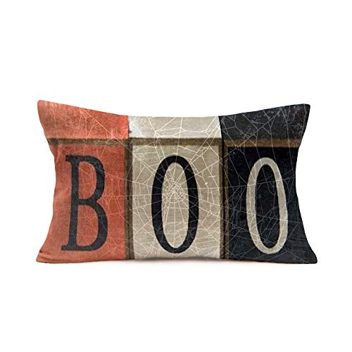 Tlovudori Vintage Halloween Home Decor Throw Lumber Pillow Case Happy Halloween Boo Words with Spider Web Cotton Linen Pillow Covers Cushion Case for Sofa Couch Bed 12x20Inch (VD-Boo)