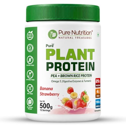 Pure Nutrition Plant Protein Powder | Vegan Protein Powder with Pea & Brown Rice Protein | 25g Plant Based Protein with Flaxseed Omega 3 & Digestive Enzymes | Lactose Free Protein Powder for Men & Women | Plant Protein Powder for Muscle Recovery, Strength & Daily Nutrition Support - 500g Banana & Strawberry Flavour
