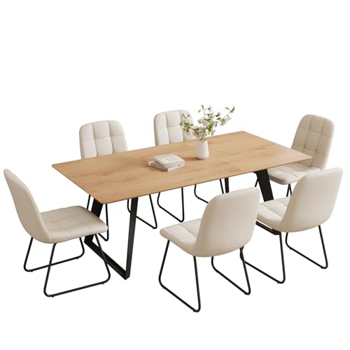 ZckyCine 63"-79" Expandable Dining Table Set for 6, Wood Table & 6 White Chairs, Extendable Kitchen Dining Table Set for Kitchen & Dining Room, Modern Oak & White - Image 3