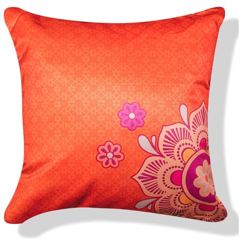 Image of Decorative Satin Sofa Cushion Covers Set of 5, 16 x 16 Inches, Multicolor Floral Printed Pillow Covers for Living Room, Bedroom, Couch & Sofa, Soft Glossy Fabric, Zipper Closure