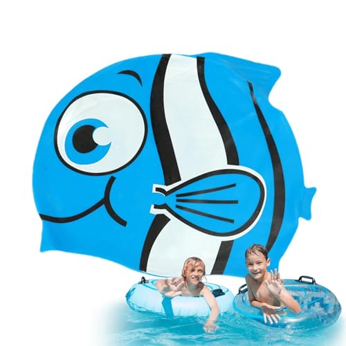 Samuliy Gorro de natación elástico para niños, gorro de natación elástico en forma de pez de dibujos animados, gorro de baño de silicona suave para proteger el cabello para clases de natación, playa,