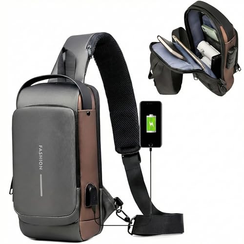 Mochila masculina com cadeado à prova d'água anti-roubo bolsa com porta de carregamento USB bolsa de ombro mochila transversal Cinza com Dourado ®Hallure