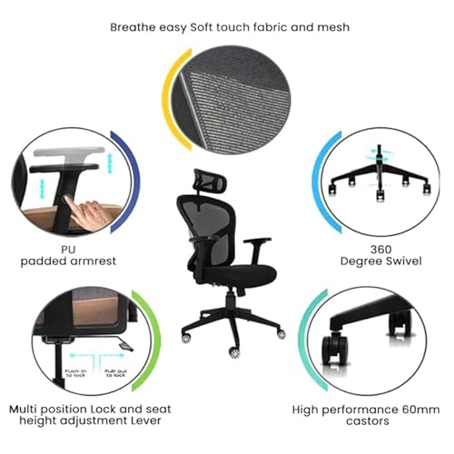 Image of High Back Ergonomic Mesh Office Chair with Adjustable Headrest & Armrests, Breathable Back, Premium Cushioned Seat, Chrome Base Swivel Task Chair for Home & Office (Black)