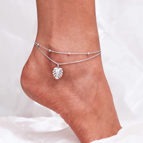 Image of CHIC & ARTSY Women Anklets S925 Sterling Silver Dainty Layered Anklet Bracelet Adjustable Multilayer Beach Ankle Bracelet Summer Jewelry for Women 10-11 Inches