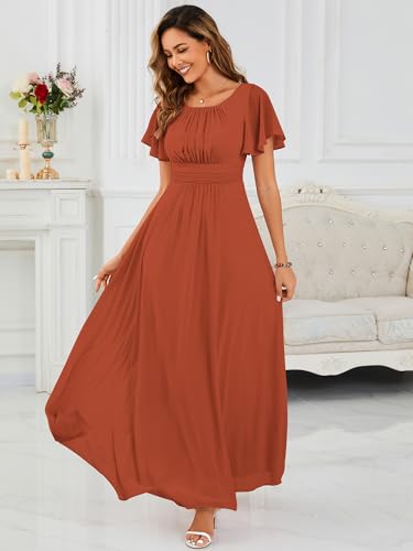 Image of Ever-Pretty Women's Spring Elegant Round Neck Short Sleeve Chiffon Empire Waist Floor Length Formal Dresses Bridesmaid Dress