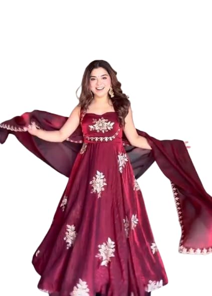 werson Women's Embroidered Sleeveless Flared Gown with Dupatta | Sweetheart Neck Empire Waist Silk Blend Maxi Dress | Designer Ethnic Long Anarkali Frock Suit | Festive, Wedding-picture-11