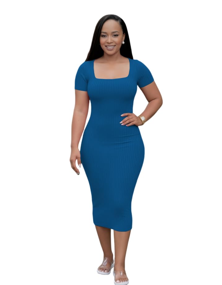Image of TOPSRANI Women Sexy Midi Dress Bodycon Casual Sleeveless Basic Ruched Tank Summer Club Party Dresses