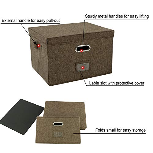 JSungo 2 Pack File Organizer Box Office Document Storage with Lid, Collapsible Linen Hanging Filing Organization, Home Portable Storage with Handle, Letter Size Legal Folder
