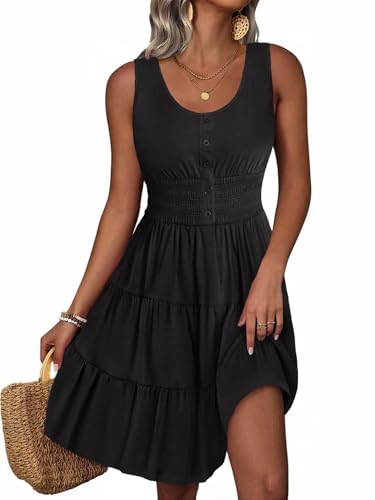 Image of Summer Dresses for Women Casual Sleeveless Sundresses Elastic Waist Mini Sun Dress