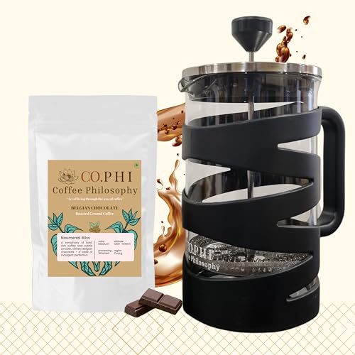 Image of CO.PHI French Press Coffee Maker, 800ml German Borosilicate Glass Carafe, Stainless Steel Filter, BPA-free Materials, Ergonomic Handle, Black Spiral Design with 100 gms Noumenal Bliss Ground Coffee