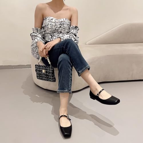 Image of TN TANGNEST Leather Flats for Women Retro Mary Jane Flats | Comfortable Square Toe Slip On Flats with Buckle Strap, Soft Work Flats Office Shoes