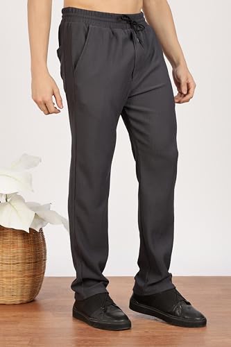 Image of Men's Regular Fit Textured Trousers with Elastic Waistband & Drawstring Closure - Casual & Smart Everyday Pants