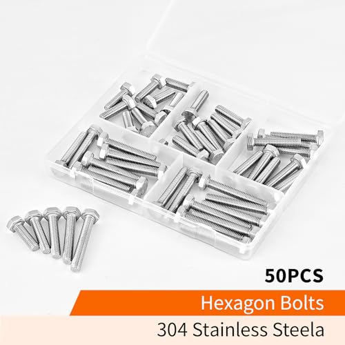 Image of M6 x 20mm 25mm 30mm 35mm 40mm Heavy Duty Hexagon Bolts Hex Head Screws, 304 Stainless Steel, Metric, Machine Fully Thread, Bright Finish, Assortment Kit 50PCS
