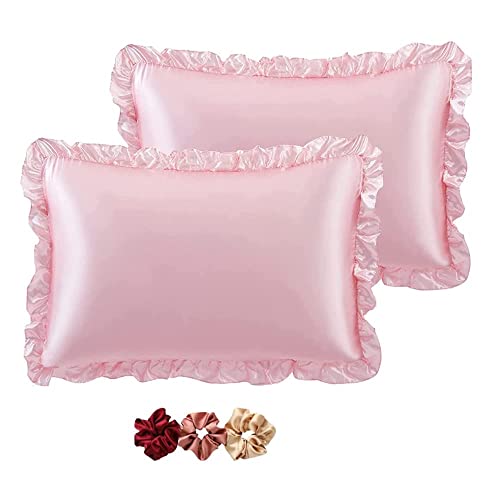 Lc Satin Silk Pillow Covers for Hair and Skin-with Satin Scrunchies for Women Stylish,Satin Pillow Covers for Hair and Skin 2pack,Silk Scrunchies for Women 3pack,Silk Pillow Case (Pink)