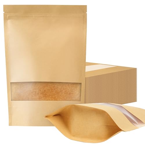 Winter Shore Bolsas Papel Marrones con Ventana (Pack de 72) - Bolsas Kraft de 18 x 26 cm con Cierre y Muesca para Rasgar - Envasar Alimentos para Hogar y Empresa - Sin BPA, Aptas para Uso Alimentario