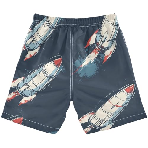 Boys Beach Board Shorts Rocket Blue Space Graffiti Swim Trunk Teen Swimwear2