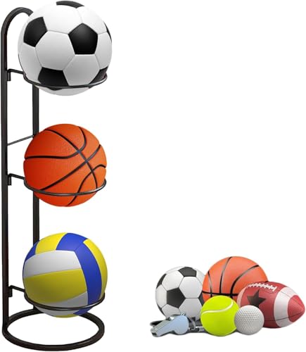 Estante vertical de almacenamiento de pelotas de 3 niveles, soporte para pelotas de fútbol, baloncesto, voleibol, color negro