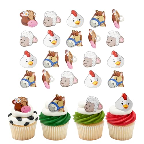 Fisher-Price Little People Farm Animal Friends Rings | 24 Cow, Horse, Sheep, Chicken Cupcake Toppers | DecoPac Farmyard Animal Cake Decorations, Food Safe & Ready To Use - 24 Pack by DecoPac - Used condition - US$11.72