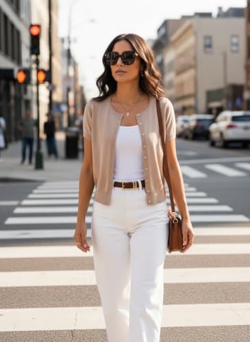 Image of GRACE KARIN Women Short Sleeve Cardigan, 2026 Summer Knitted Sweater Tops, Basic Crew Neck Crop Outfits