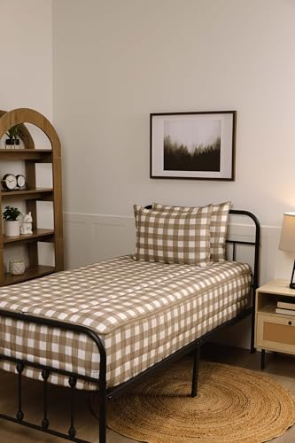 Image of Beddy's Warm Tan Checkered All-in-One Zipper Bedding Set for Kids - Toddler | Smooth-Glide Zippers, Easy To Make & Wash, Soft Durable Fabric, Checkered Interior, Includes Pillowcase & Sham