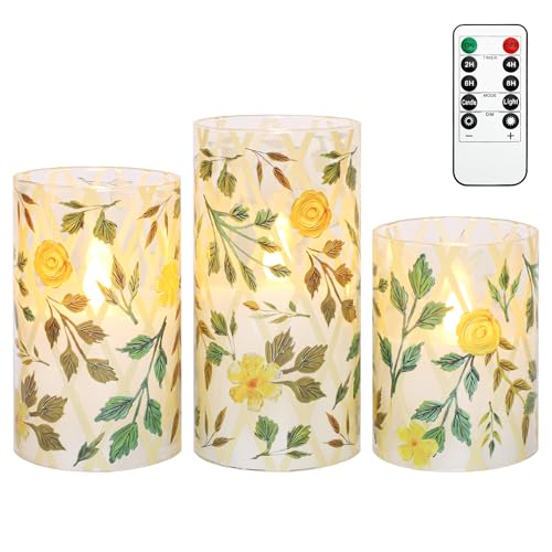 Image of Flameless LED Candles with Remote Control and Timer, Yellow Flower Green Grass Design, Glass Pillar Candles, Set of 3