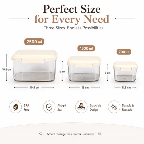 Image of Vasukie 3-Big Piece Airtight Plastic Food Storage Containers - Big Square Nesting Meal Prep Containers with Cream Airtight Locking Lids - Clear BPA-Free Kitchen & Pantry Storage Box Set