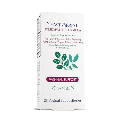 Image of Vitanica Yeast Arrest, Homeopathic Vaginal Suppositories, for Yeast Infection Symptoms, Relieves Burning, Itching & Discharge, with Boric Acid, Tea Tree Oil & Probiotics, Vegan (Yeast Arrest Pro Logo, 28)