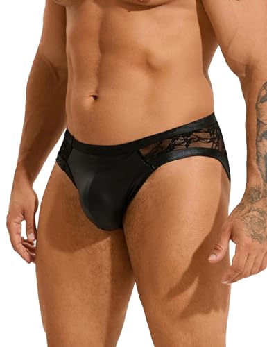 Floral Men's Lace Underwear Faux Leather Pouch Briefs Sexy Sissy Lingerie Panties Black S-2XL