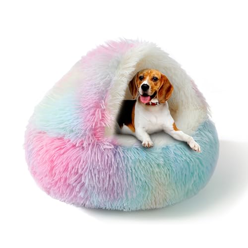 SUOXU Beruhigendes kleines Hundebett, großes Katzenbett, warmes, kuscheliges Plüsch-Winterbett für Hunde, rutschfeste Unterseite, maschinenwaschbar, Anti-Angst-Haustier-Sofa mit Kapuze für Katzen