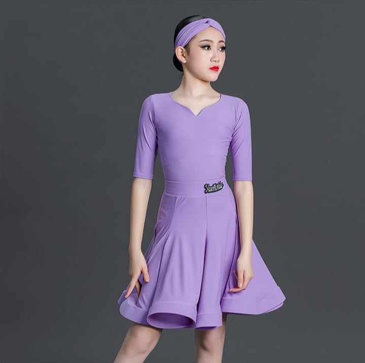 HEARTTOUCH Girls Latin Dress Rumba Samba Ballroom Dresses Leotard Dance Skirt Professional Performance Tango Salsa Dancewear (A Purple,Medium)